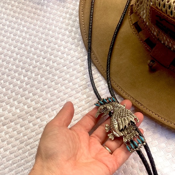 SOLD Southwestern Bolo Tie . Turquoise . Braided Metal - Picture 2 of 4
